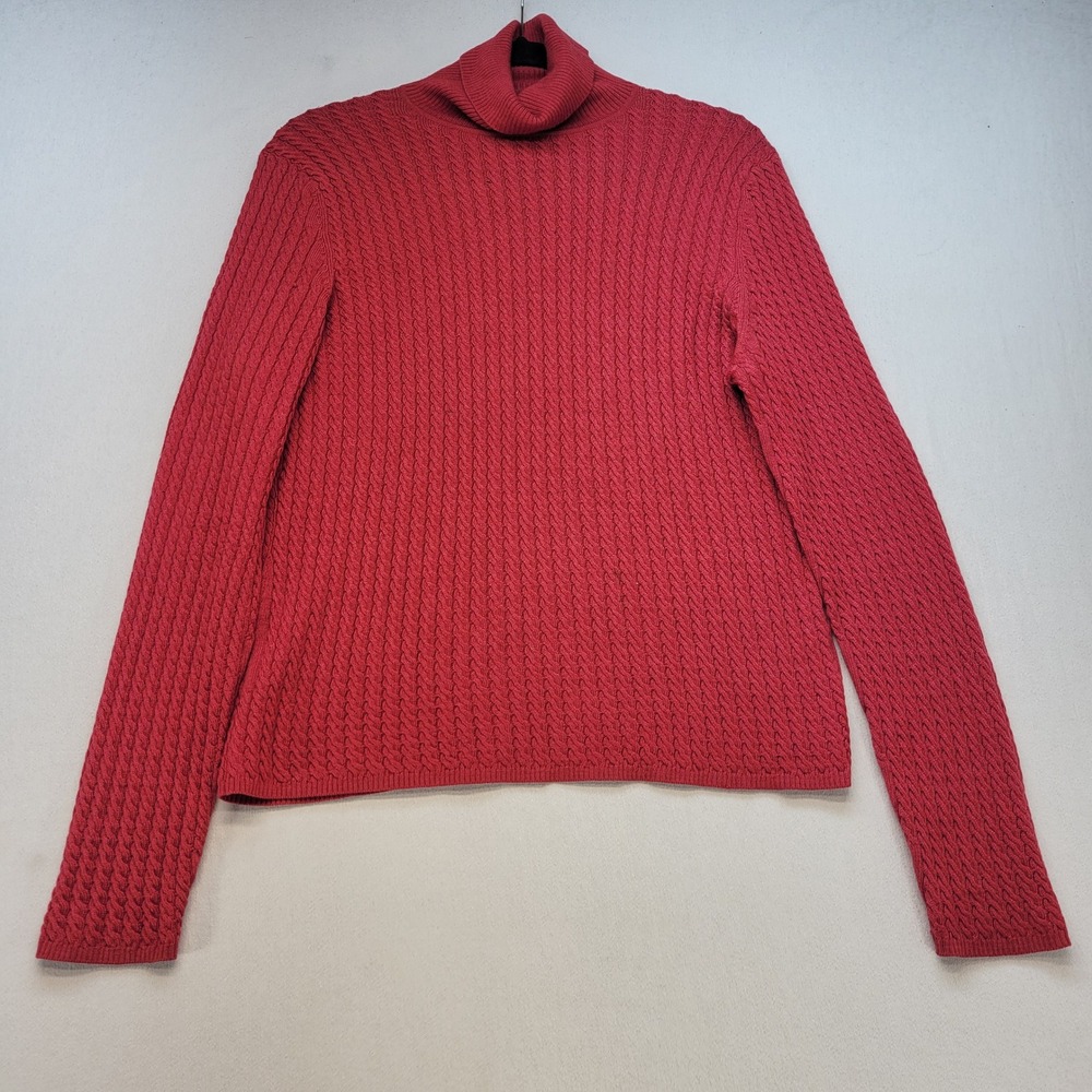Brooks Brothers Turtleneck Sweater Womens L Red Cable Knit Merino Silk Cashmere